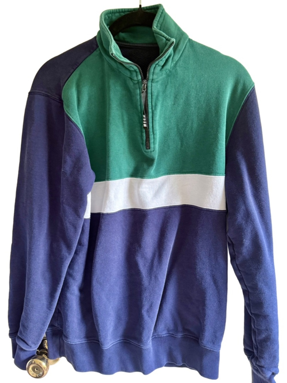 MSGM Green, Navy & White Colorblock Quarter-Zip Sweater